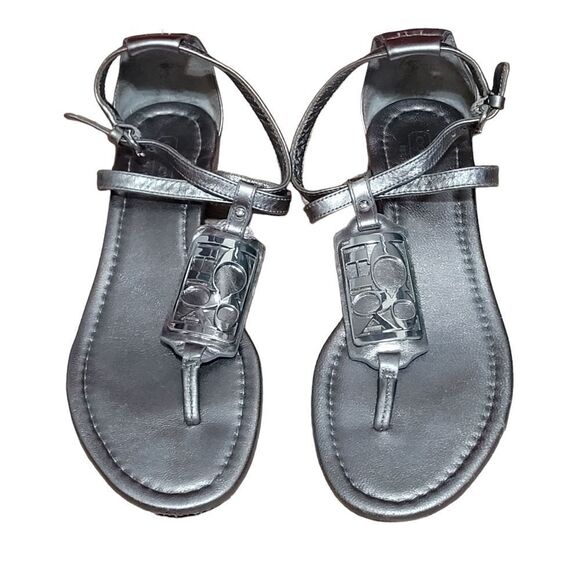 Coach Metallic Silver T-Strap Sandals - Picture 1 of 8